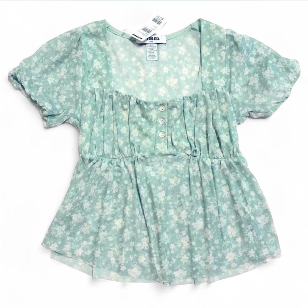 NWT RSQ Mesh Puff Sleeve Babydoll.
Size Small. Pale Green floral.